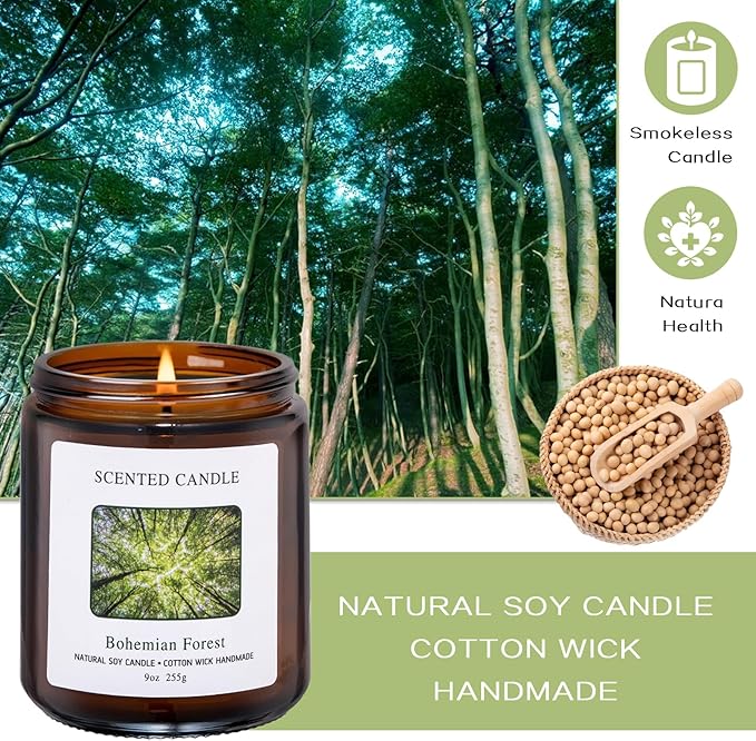 Bohemian Forest Scented Candles for Home Scented Aromatherapy Candles, Hand-Poured, 9 OZ, 50H Clean Burn,Soy Wax Candle Gift Set for Women Men