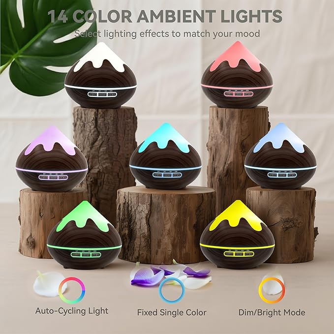 500ML Essential Oil Diffuser, Aromatherapy Diffuser with Remote Control, Multifunctional Air Diffusers for Home Office Room, Fragrance Aroma Diffuser with 7 Color LED & 2 Mist Mode, Dark Brown