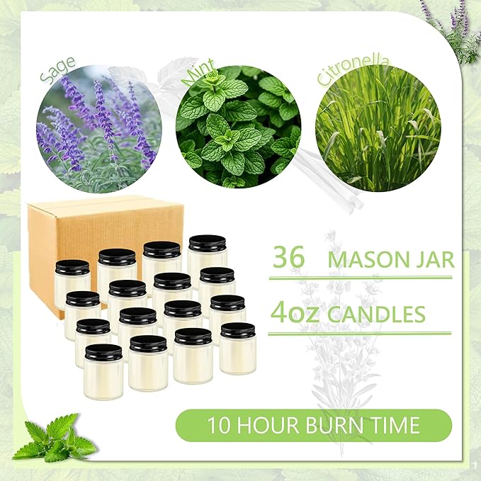 ACITHGL 36 Pcs 4oz Mini Mason Jar Candles Small Scented Candles Bulk Aromatherapy Ideal Souvenir Favors for Wedding Birthday Party (Sage, Mint, Citronella, Black)