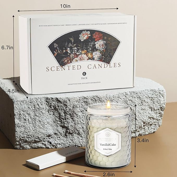 6 Pack Scented Candles for Home, Aromatherapy Gift Set for Women, Natural Soy Wax Jar, 33 oz 240 Hour Long Lasting, Birthday and Valentine's Day Gift, Flax Gray
