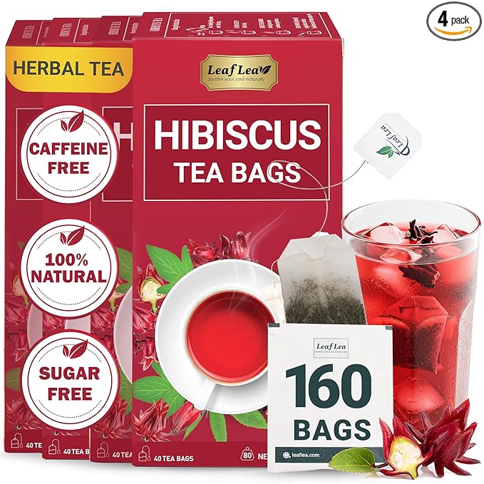 LeafLea Hibiscus Tea Bags – 160 Count, Individually Wrapped, 100% Natural Hibiscus Flower Herbal Tea, Caffeine-Free, Sugar-Free, Gluten-Free, Non-GMO, Te de Hibisco, Jamaica Tea, (Pack of 4)