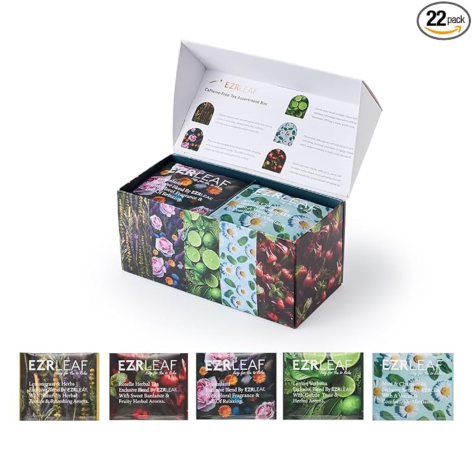Decaf Herbal Tea Sampler – EZR Leaf 22ct Caffeine-Free Pyramid Bags, Assorted Fruit & Floral Blends with Lemon Verbena, Chamomile Mint, Dreamland, Roselle – Variety Tea Assotment Set for Tea Lovers