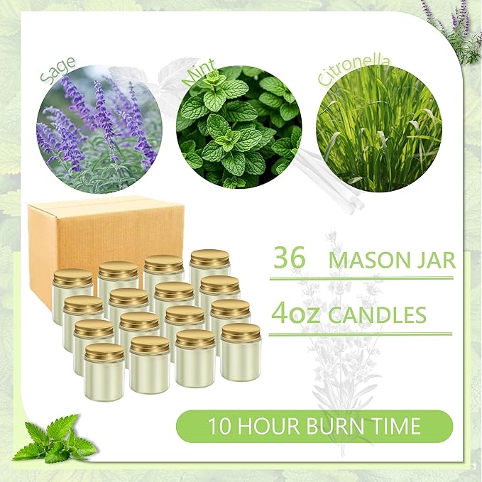 ACITHGL 36 Pcs 4oz Mini Mason Jar Candles Small Scented Candles Bulk Aromatherapy Ideal Souvenir Favors for Wedding Birthday Party (Sage, Mint, Citronella, Gold)