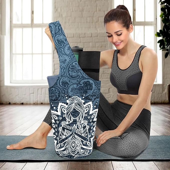 saniwu Yoga Mat Bag Carrier for Women with Side Large Pocket Durable Linen Workout Gym Travel Storage Pilates Mats