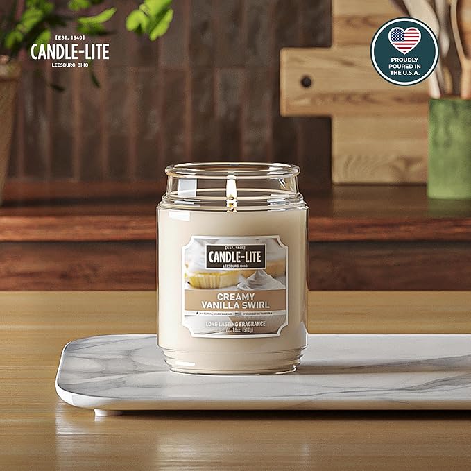 Candle-lite Fall Scented Candles, Creamy Vanilla Swirl, 18 oz Jar, Proudly Poured in The USA, Aromatherapy Candle, Single-Wick with 110 Hours of Burn Time, Perfect for Creating a Relaxing Ambiance