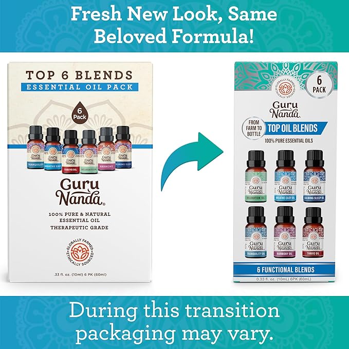 GuruNanda Essential Oil Blends (Set of 6) - Natural Essential Oil Set, Aromatherapy Oil Blends for Diffusers - Breathe Easy, Tranquility, Harmony, Calming Sleep, Relaxation & Thrive