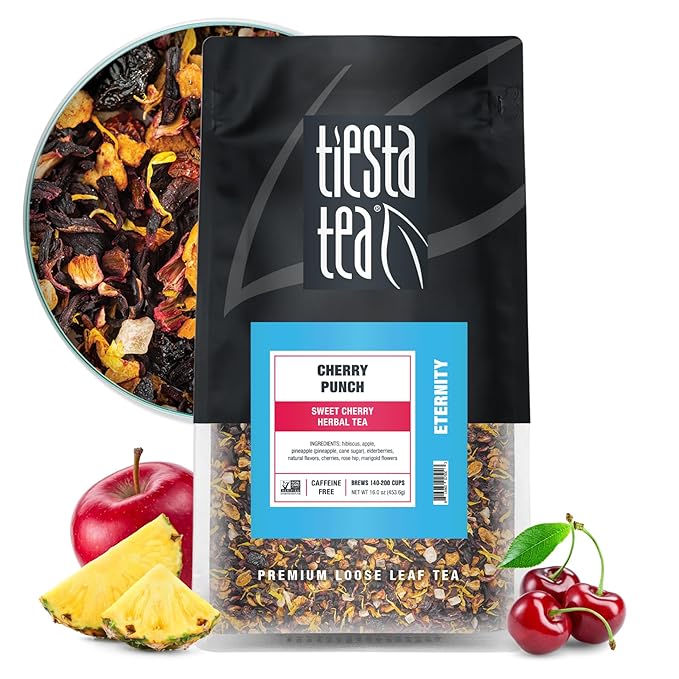 Tiesta Tea - Cherry Punch, Loose Leaf, Sweet Cherry Herbal Tea, Premium Blend, Non-Caffeinated Fruit Blend, Hot or Iced Up to 200 Cups, 16oz Resealable Pouch