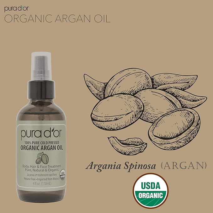 PURA D'OR 4 Oz Organic Moroccan Argan Oil – 100% Pure Cold-Pressed Virgin Grade – Lightweight Moisturizer for Skin, Face, Body & Hair – Helps Dry Skin, Scalp Care, Split Ends, Nails & Cuticles