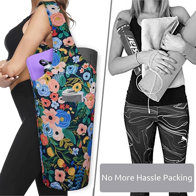 Fashion Printed Yoga Mat Bag with Large Side Pocket & Zipper Pocket Long Tote Yoga Bag Fit Most Size Mats - Holds More Yoga Accessories