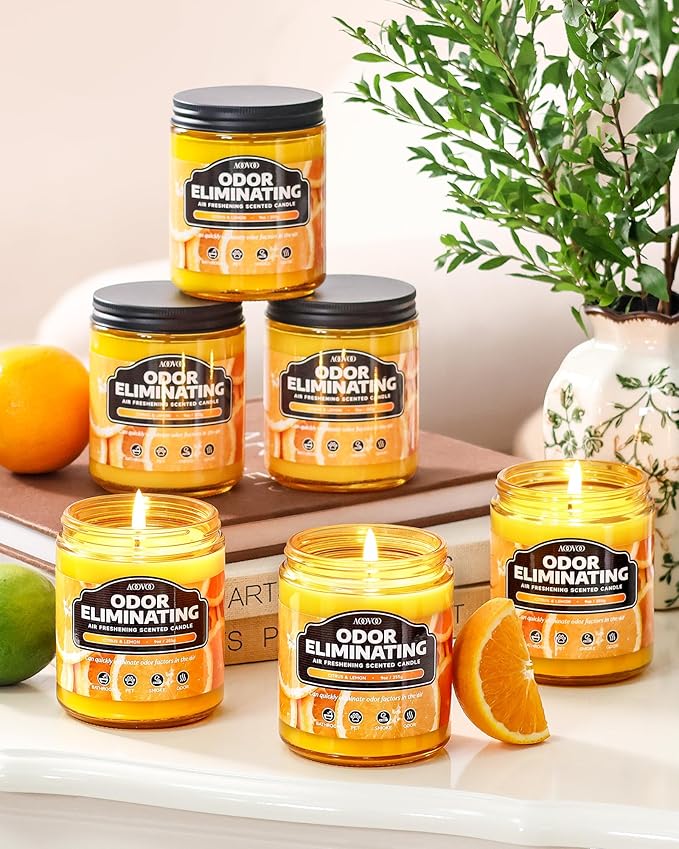 AOOVOO 6 Pack Citrus Lemon Odor Eliminating Highly Fragranced Candle - Eliminates 95% of Pet, Smoke, Food, and Other Smells Quickly, Air Freshing Soy Candle