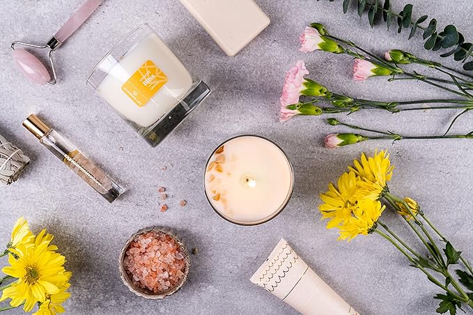 Luxury Glass Jar Candle, 8 OZ, Choose Bliss - Citrine Crystal Infused - Scents of Grapefruit, Bergamot, and Spiced Pear - Happiness, Joy, & Contentment - Coconut Wax, Essential Oils