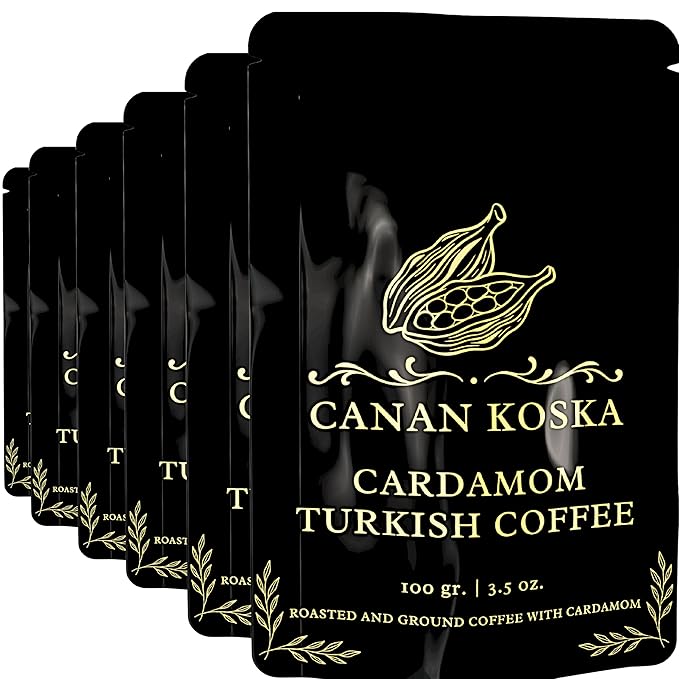 Canan Koska Cardamom Turkish Coffee - Premium Ground Coffee With Natural Cardamom Grounds, Medium Roast, Traditional Ottoman Recipe - 3.5oz (100g) - Pack Of 6