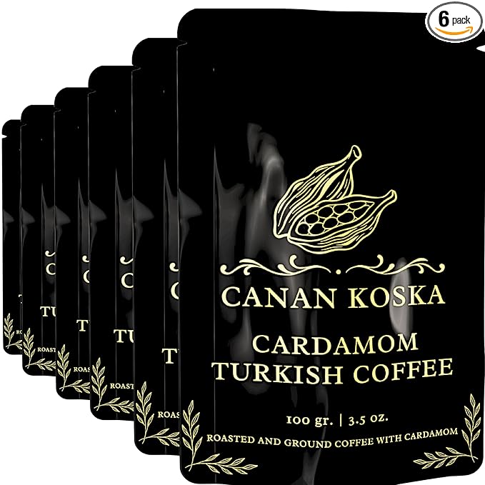 Canan Koska Cardamom Turkish Coffee - Premium Ground Coffee With Natural Cardamom Grounds, Medium Roast, Traditional Ottoman Recipe - 3.5oz (100g) - Pack Of 6