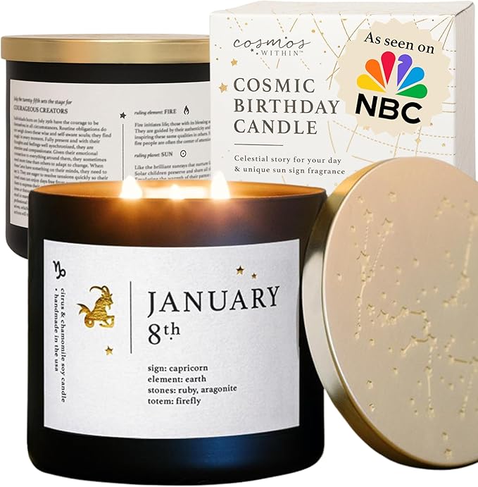 January 8th Personalized Zodiac Candle | Inspirational Astrology Reading and Daily Affirmation for Your Birthdate | Handmade Capricorn Candles | Astrology Birthday Gifts for Women