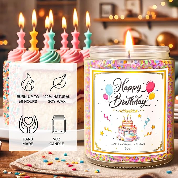 Birthday Candles Gifts for Women, Birthday Gifts for Women Men, 9 oz Happy Birthday Candle with Vanilla Birthday Cake Scent, Women Friendship Ideas