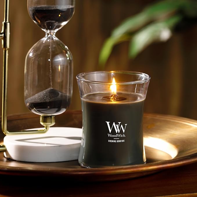 WoodWick Evening Bonfire Holiday Candle Gifts for Women and Men, 9.7 oz Medium Hourglass Candle with Crackling Wick