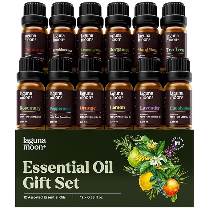 Lagunamoon Essential Oils Set - 12 Piece Premium Grade Home Essentials Oils - for Diffusers, Fragrance, Scents for Candle Making - Natural Aromatherapy Oils for Cars & Home Products, Room Sprays