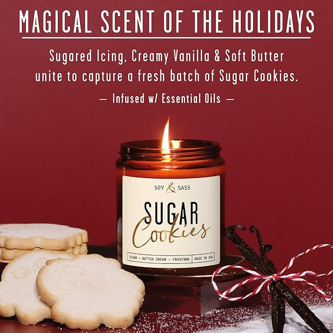 Sugar Cookie Candle, Cookie Candle – ‘Sugar Cookies’ Soy Candles, w/Sugar, Butter & Vanilla - Infused with Essential Oils I Christmas Candles I 9oz, 50 Hour Burn, Handmade in USA