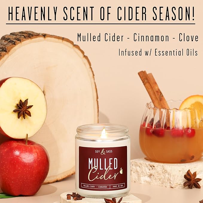 Mulled Cider Candle, Fall Candles I Apple Cider Candle w/Cinnamon & Nutmeg - Infused w/Essential Oils I Mulled Cider Fall Scented Candles (Soy) for Home I 9oz Reusable Jar I 50Hr Burn I Made in USA