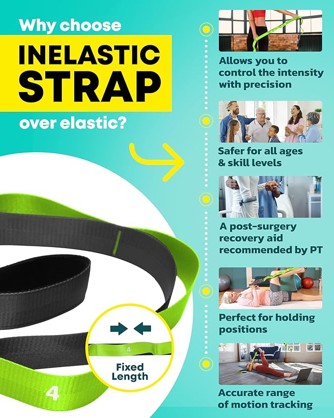 Stretching Strap with Loops - Non Elastic Stretch Band for Physical Therapy, Yoga Strap for Stretching Equipment, Stretch Bands for Exercise and Flexibility - Fascia, Hamstring & Leg Stretcher Belt