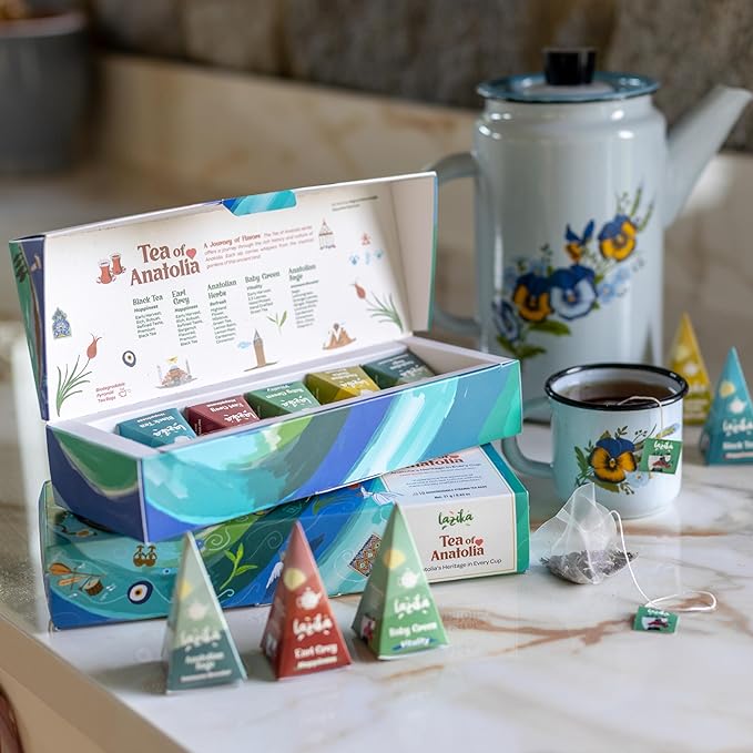 Lazika Tea Variety Pack with Lovely Presentation Box, Black, Green and Herbal Tea Sampler Gift Set, 10 Counts, Premium Collection with Pyramid Infuser Bag, Handcrafted