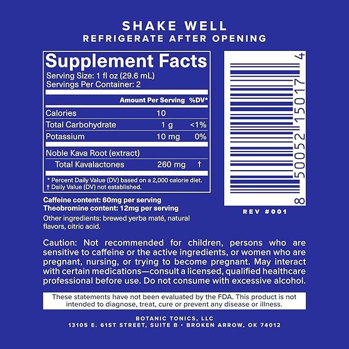 Botanic Tonics feel free Kava Mate - Natural Energy with Kava Root and Yerba Mate - Mood Boost & Sustained Energy - Improved Flavor - Pack of 12 (24 Servings)