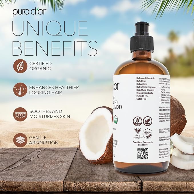 PURA D'OR 16.9 Oz ORGANIC Fractionated Coconut Oil (GLASS BOTTLE) USDA Certified MCT Oil – Therapeutic, Lightweight Moisturizer – Hexane Free Carrier Oil For Essential Oils, Massage – Face, Hair, Body