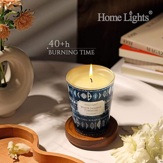 HomeLights Scented Candles for Women & Men, 6.7oz Candle Jars Aromatherapy Single Wick Candle, Ideal for Bohemian Natural Textures Home Decor and Gifts, White Jasmine Tuberose