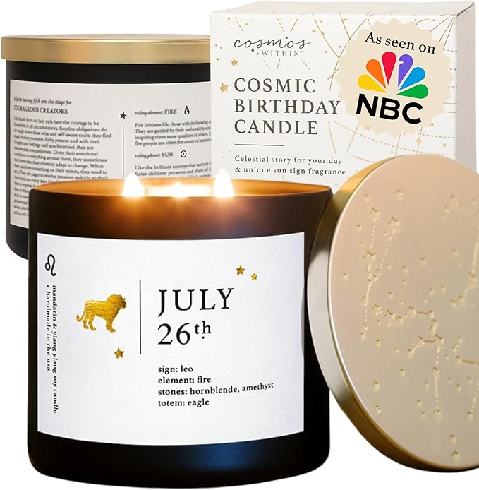 July 26th Personalized Zodiac Candle | Inspirational Astrology Reading and Daily Affirmation for Your Birthdate | Handmade Leo Candles | Astrology Birthday Gifts for Women