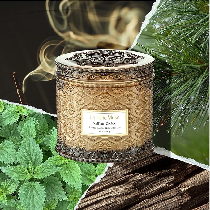 LA JOLIE MUSE Saffron & Oud Candle - Incense, Oud, Red Saffron | 12 oz Large 2-Wick Soy Wax Candle | 60 Hours Clean Burn | Gift-Ready for Hosts & Gatherings | Elegant Home Décor