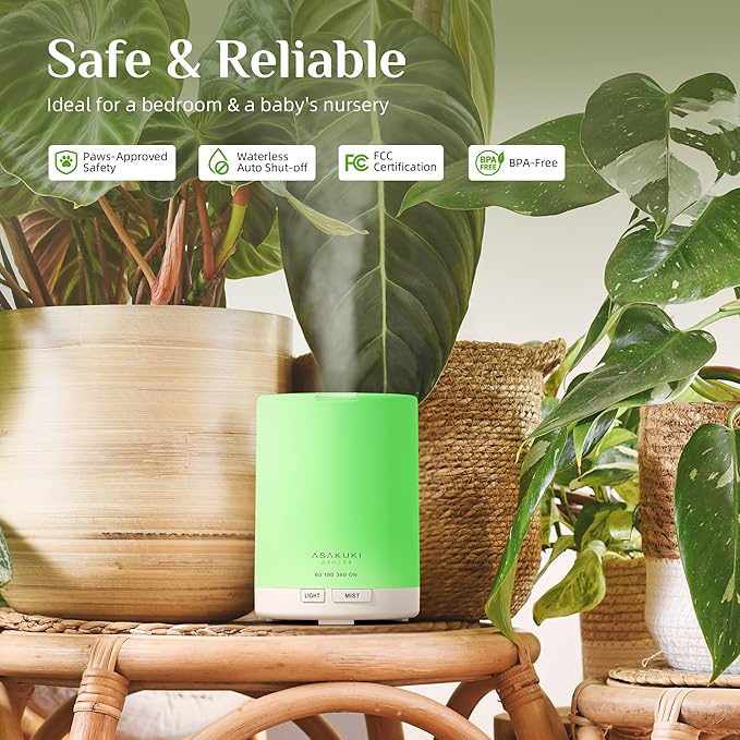 ASAKUKI Essential Oil Diffuser, 5-in-1 Quiet Humidifier, Home Fragrance Aroma Diffuser with 7 LED Color Changing Light and Auto-Off Switch (Pure White)