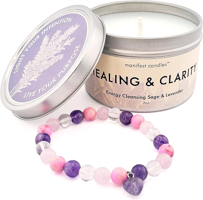 Lavender & Sage Healing Candle with Crystals Bracelet, 45 Hour Burn, Healing Spiritual Gifts for Women and Men, Healing Crystals and Stones, Manifestation Candle, Spiritual