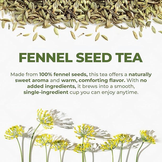 LeafLea 40 Fennel Tea Bags, 100% Natural & Pure Fennel Seed Tea, Gentle Digestion & Fresh Breath, Mild Sweet Finish, Caffeine-Free, Sugar-Free, Vegan, Non-GMO, Individually Wrapped