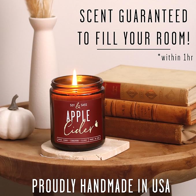 Apple Cider Candle, Fall Candles I Apple Cider, Cinnamon & Nutmeg - Infused with Essential Oils I Mulled Cider Fall Scented Candle (Soy) for Home I 9oz Reusable Jar I 50Hr Burn I Made in USA
