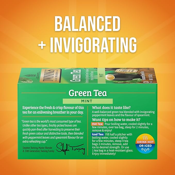Twinings Green Tea with Mint Individually Wrapped Bags, 20 Count (Pack of 1), Invigorating Aroma, Caffeinated, Enjoy Hot or Iced, 20 Teabags