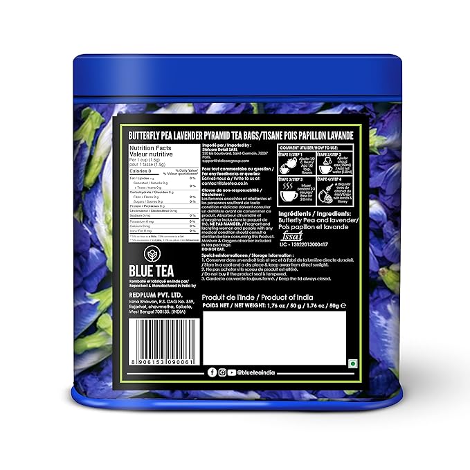 BLUE TEA - Butterfly Pea Flower Tea - Lavender - 30 Count - Pyramid Plant Based Tea Bag | ANTIOXIDANT RICH | Flower Based - Herbal Tea - Caffeine Free - Detox Tea | Tin Packaging