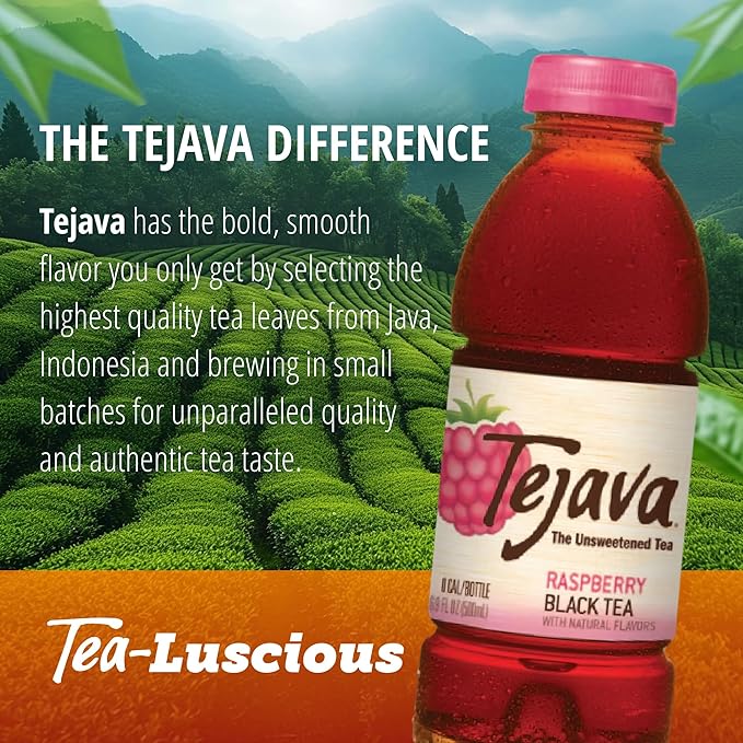 Tejava Raspberry Black Tea, 6 Pack 16.9 oz PET, Unsweetened, Ready-to-Drink Premium Iced Tea