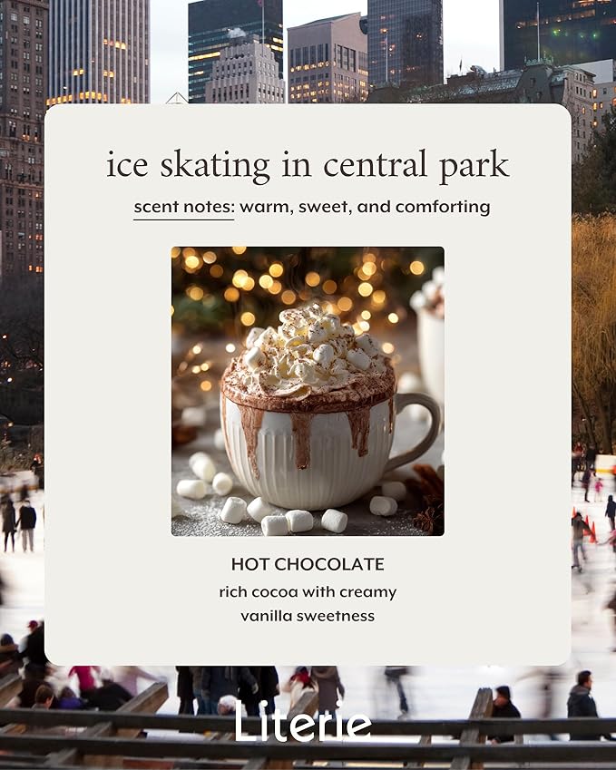 Literie NYC Inspired Scented Candle: Ice Skating in Central Park - Hot Chocolate Scent, 9oz, 50 Hour Burn, Vegan Soy & Coconut Blend Candle for Home Decor, Gift for Women & Men