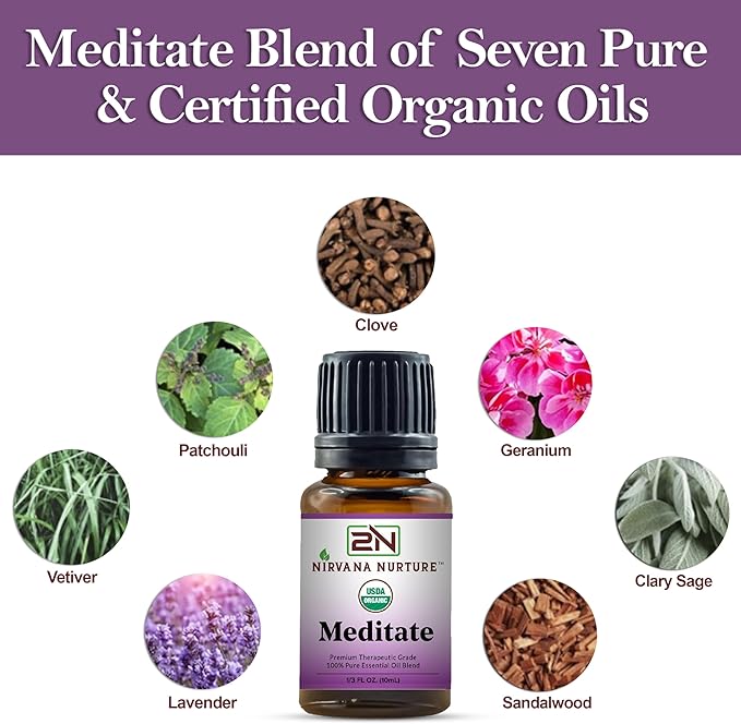 Meditate Blend USDA Certified Organic, 100% Pure and Premium, Undiluted, Meditation, Aromatherapy, Calm, Relax