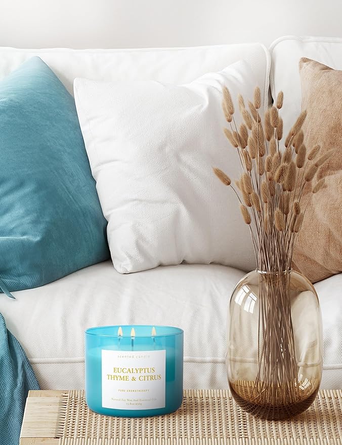 Eucalyptus Thyme Citrus 3-Wick Soy Scented Candle, 15.8 oz Large | Scented Candles for Home | Spa Aromatherapy Eucalyptus Candle