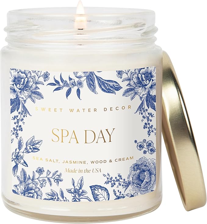 Sweet Water Decor Spa Day Patterned Candle – Soy Candles with Sea Salt, Jasmine, Wood, Cream Aroma– 40 Hour Burn – 9oz Clear Glass Jar – Ideal for Valentines Presents or Any Special Occasion