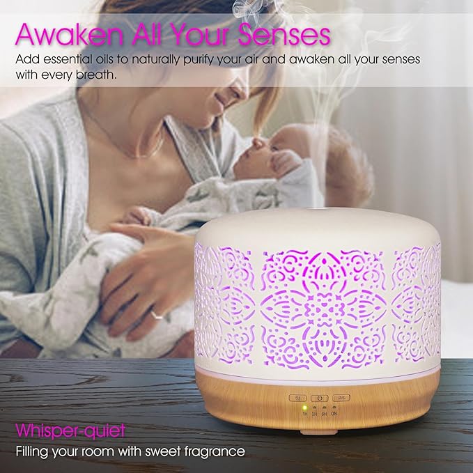 Earnest Living Essential Oil Diffuser White Ceramic Diffuser 500 ml Timers Night Lights and Auto Off Function Home Office Humidifier Aromatherapy Diffusers for Essential Oils