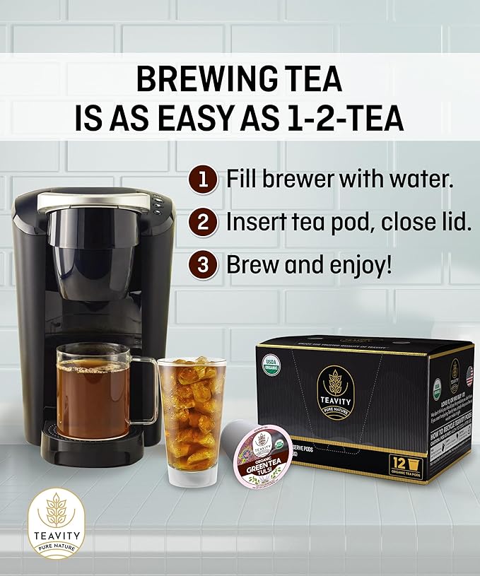 Organic Tulsi Tea Pods with Unsweetened Caffeinated Green Tea Pods for Keurig - Tulsi Green Tea by Teavity (12 Tea Pods)