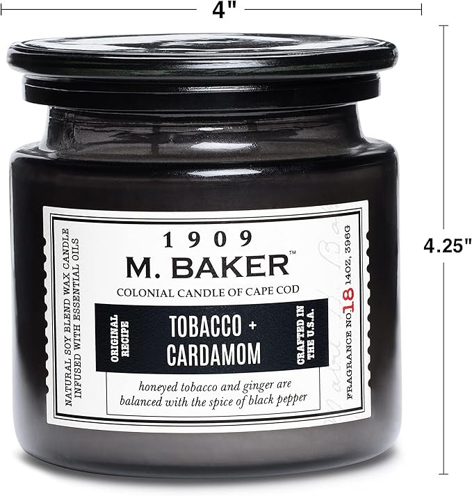 Colonial Candle Tobacco Cardamom Scented Jar Candle | 2-Wick Natural Soy Blend Wax Candle for Home | Relaxing Aromatherapy Candle Infused with Essential Oils | M. Baker Apothecary Glass Jar Candle