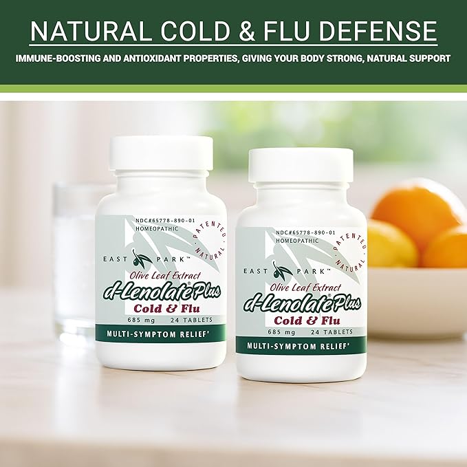 EAST PARK d-Lenolate Plus Cold & Flu Homeopathic Remedy for Adults & Kids | Immune System Booster with Olive Leaf Extract, Neem Leaf Extract & Echinacea | 625mg, 24 Tablets | Non-GMO (Pack of 2)