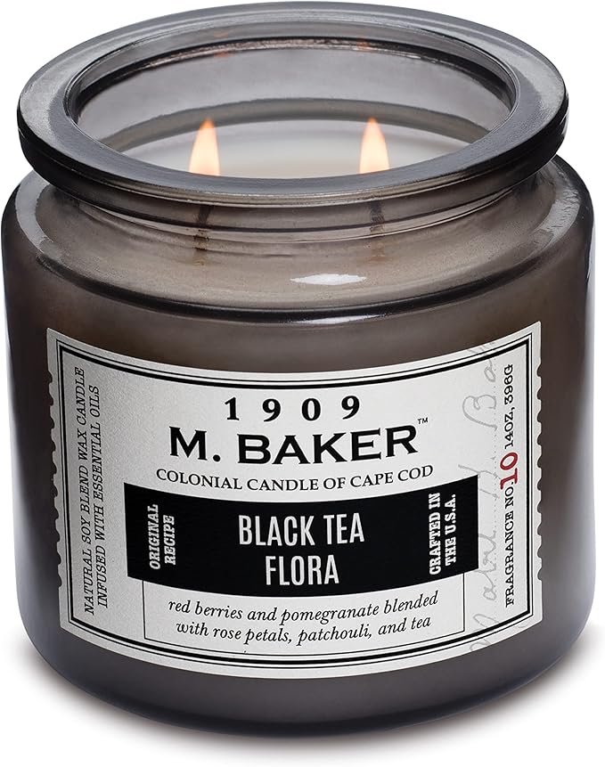 Colonial Candle Black Tea Flora Scented Jar Candle | 2-Wick Natural Soy Blend Wax Candle for Home | Relaxing Aromatherapy Candle Infused with Essential Oils | M. Baker Apothecary Glass Jar Candle