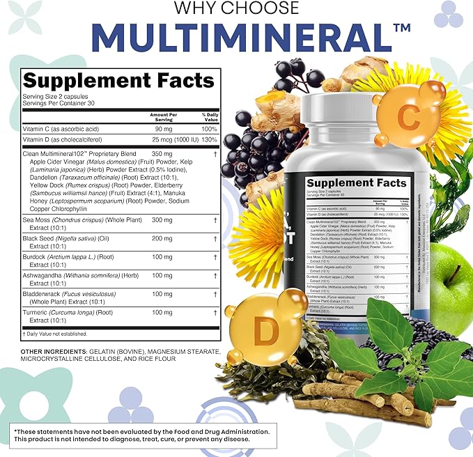 Clean Nutraceuticals Sea Moss Black Seed Oil Ashwagandha Turmeric Bladderwrack Burdock & Vitamin C Vitamin D3 with Elderberry Manuka Dandelion Yellow Dock Iodine Chlorophyll ACV