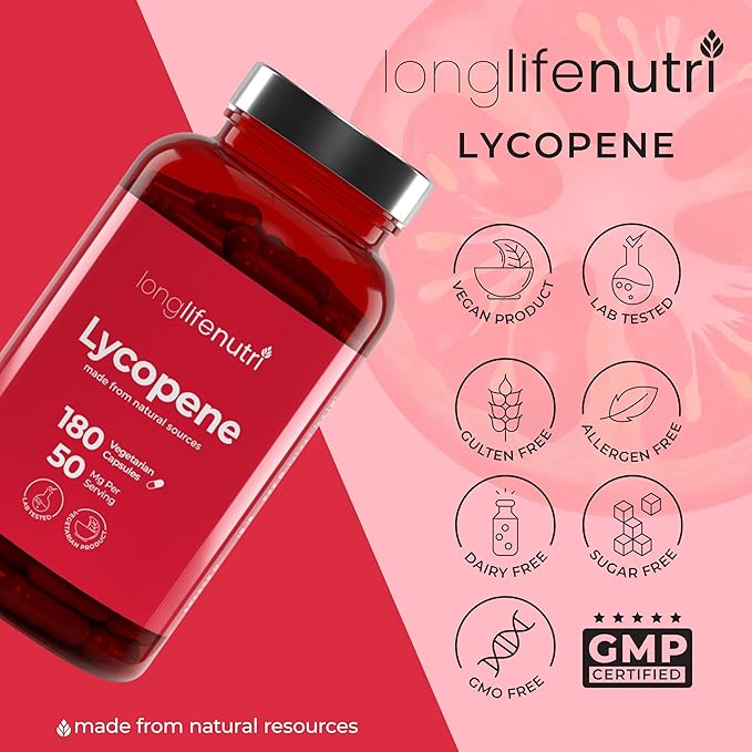 Lycopene 50mg 180 Vegetarian Capsules | Supplement Health | Natural Tomato Extract Non-GMO | Pure Powder