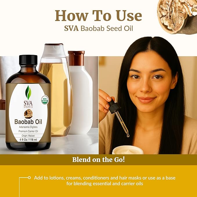 SVA Baobab Seed Oil Organic - 4 Fl Oz – 100% Natural Cold Pressed Organic Baobab Oil - for Face, Skin Care, Hair Care, Scalp Massage & Body Massage – Carrier Oil with Dropper