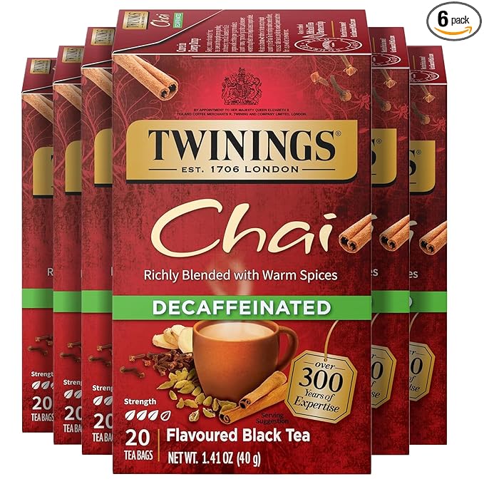 Twinings Decaffeinated Chai Individually Wrapped Bags, 20 Count (Pack of 6), Sweet, Savoury Spices, Enjoy Hot or Iced, 120 Teabags